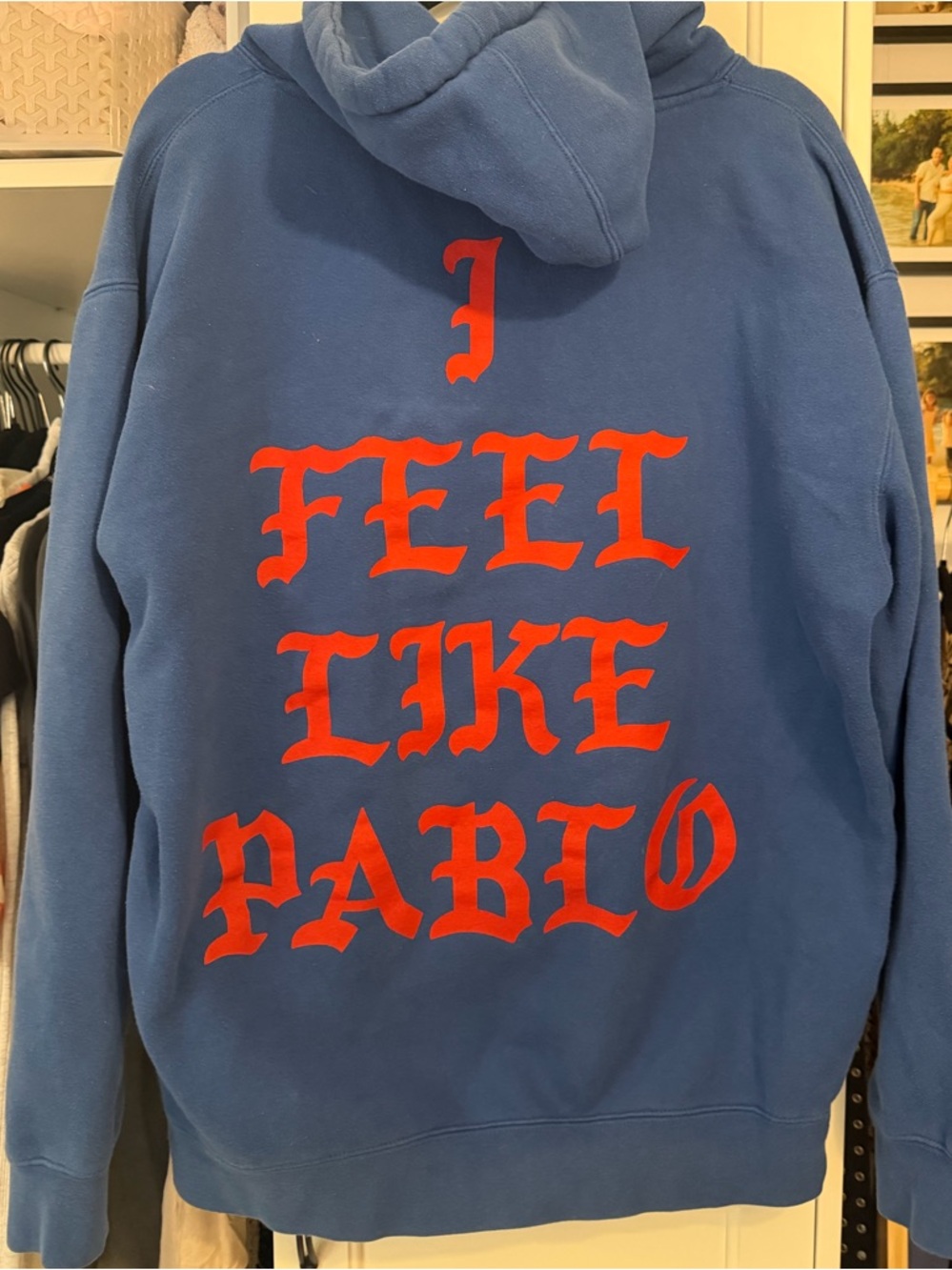 Yeezy Blue Hoodie with Red "I FEEL LIKE PABLO" Back Graphic